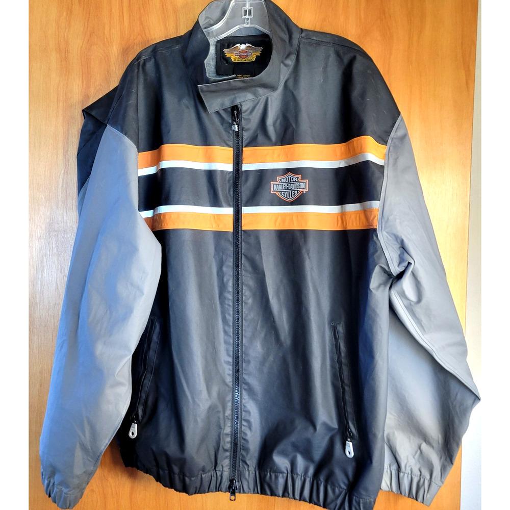 Harley‑Davidson Men’s Reflective Wind Rain Jacket Large Black Gray Orange